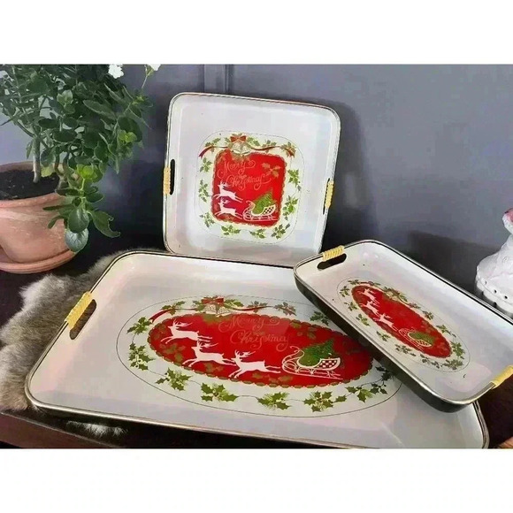Christmas Lacquer Ware serving Tray‎ trio Holiday | rectangular laquered Japan - Picture 1 of 9